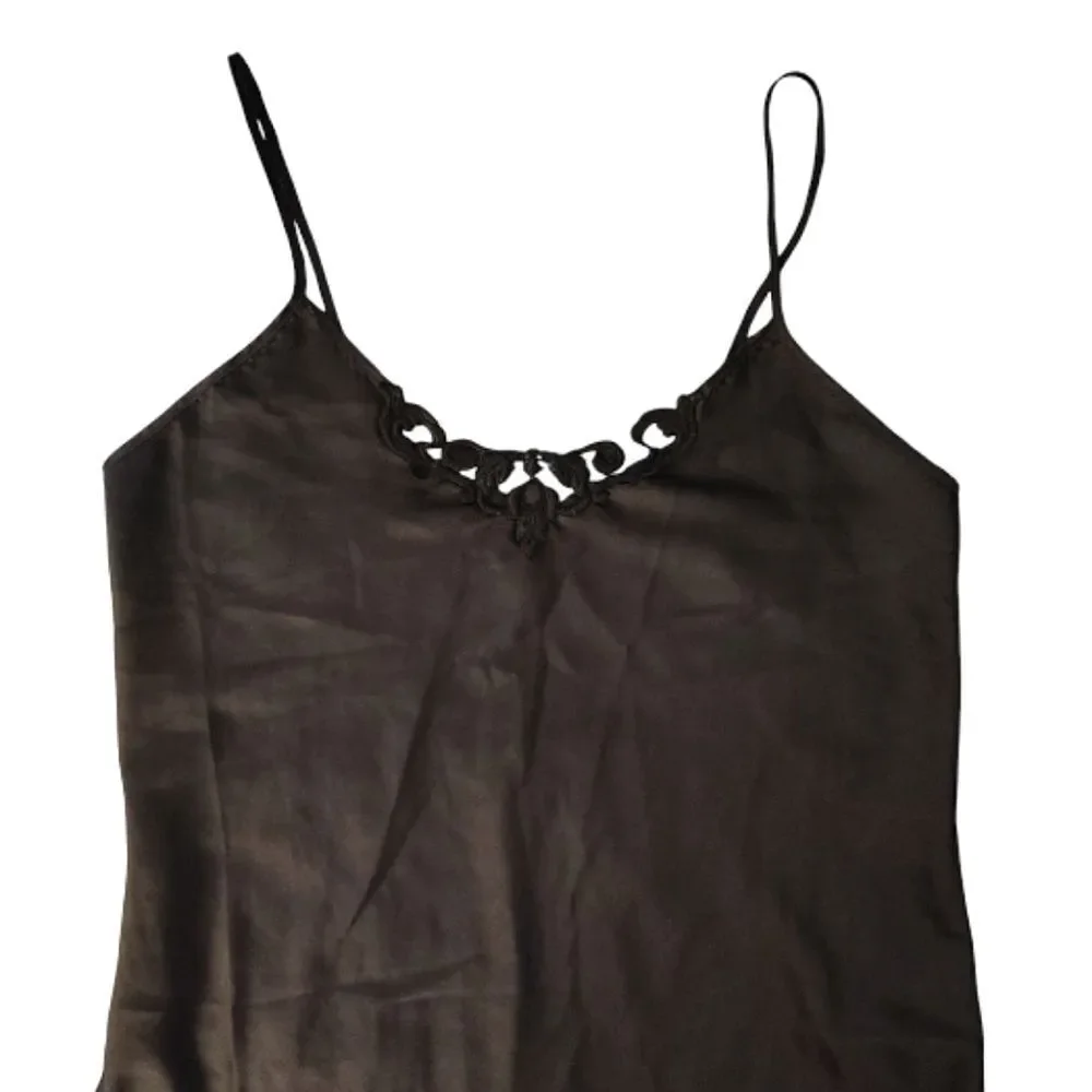 VTG 80s Black Satin Floral Crochet Mini Intimates Slip Dress Size Large - Picture 4 of 12